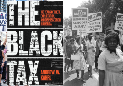 Black Tax book cover against photos of Black rights protests