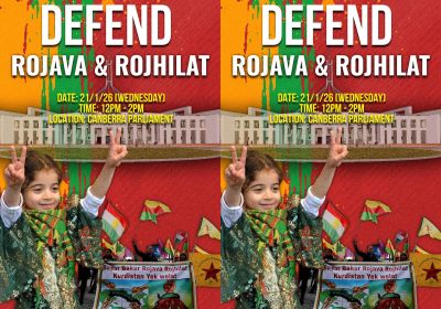 Graphic for event, Defend Rojava & Rojhilat 12pm-2pm Canberra 