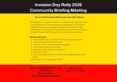 Graphic for event: Invasion Day Rally 2026 – Naarm Community Briefing Meeting, online with Zoom