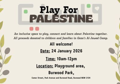 Graphic for event Play For Palestine, 10am-12pm 24/01/2026 Burwood Park, $10 per child (pay what you can for additional children), organised by @archwaytoplay