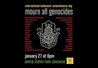 Graphic for event International Holocaust Remembrance Day: Mourn All Genocides, 6pm Central Station main concourse, Eddy Ave Haymarket, Sydney NSW 2000 Gadigal Country