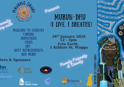 Graphic and artwork for event Murun-Dhu Community Gathering, 12pm-3pm 26/01/2026 ErinEarth, 1 Kildare St, Turvey Park NSW 2650