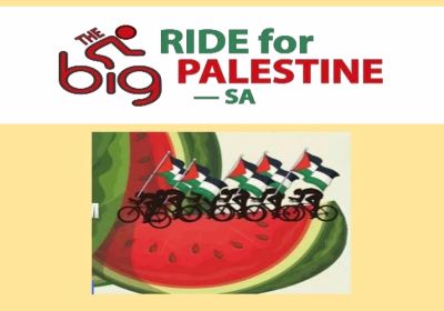 Graphic fof Big Ride For Palestine SA logo above drawwing or clip-art syle picture of cyclists holding Palestine flags riding along the crest of a cut watermelon