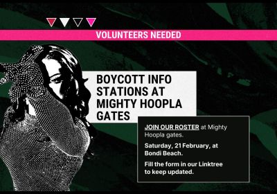 Graphic and artwork for event Boycott KKR & Fuzzy's Mighty Hoopla, 12:30pm AEDT 21/02/2026 Bondi Beach NSW