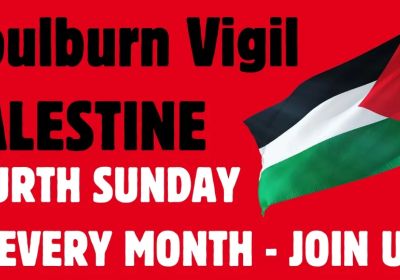 Graphic and artwork for event Goulburn Vigil for Palestine, 12pm-1pm every fourth Sunday of the month at the Big Merino, Goulburn NSW