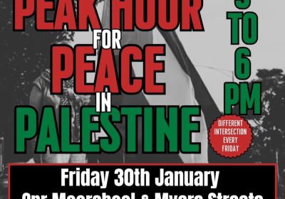 Graphic for event Peack Hour for Peach in Palestine, 5pm-6pm Corner of Moorabool, and Myers Street Djilang (Geelong)