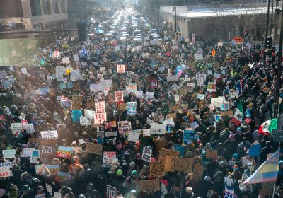 Thousands of protesters with signs in Minneapolis