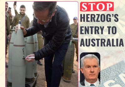 Artwork and graphic for event Protest: Stop Herzog's Entry to Australia, 6pm 06/02/2026  Tony Burke MP office, 29/1 Broadway, Punchbowl NSW 2196