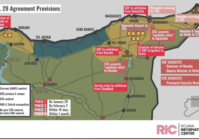 Map of North and East Syria showing regions of control as at January 29, 2026
