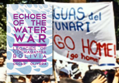 Book cover and photo of protest in Cochabamba
