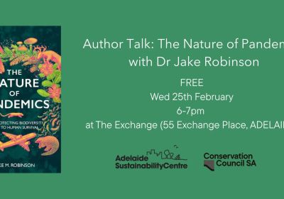 Artwork and graphic for event Author Talk: The Nature of Pandemics with Dr Jake Robinson, 6pm-pm 25022026 The Exchange, 55 Exchange Place Tarntanya SA 5000
