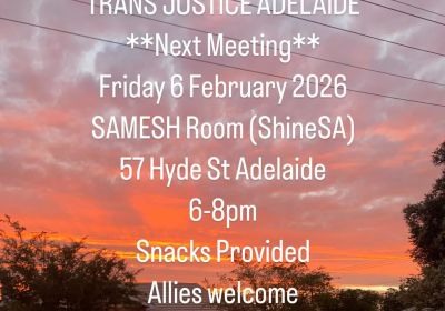 Artwork and graphic for event, Trans Justice Adelaide Meeting, 6pm-8pm 06/02/2026 SAMESH Room (ShineSA) 57 Hyde St Tarntanya (Adelaide)