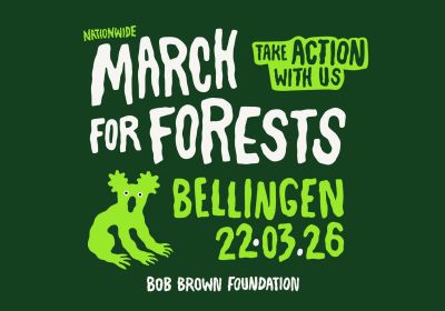 Artwork and graphic for event March in March for Forests, 11am Bellingen Park, Bellingen NSW 2454