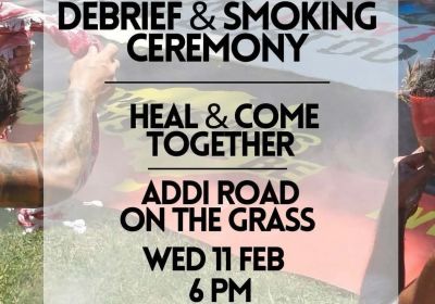 Artwork and graphic for event Community Care Debrief and Smoking Ceremony, 6pm 11/02/2026, Addison Road Community Centre, on The Green, 1/142 Addison Rd, Marrickville NSW 2204