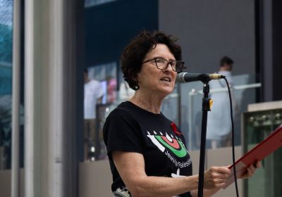 Jews for Palestine WA founder Janet Parker speaking at the Perth protest against Israeli President Isaac Herzog on February 9