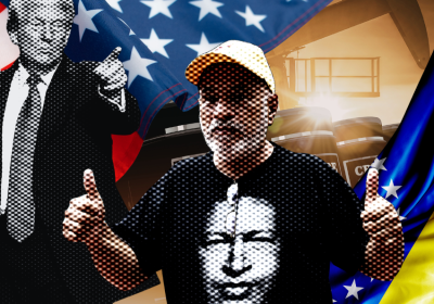 Man with Chavez t-shirt gives a thumbs up, Donald Trump points a finger, US flag, Venezuelan flag, oil barrels
