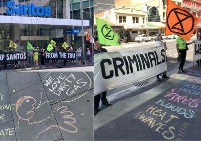 Collage of photos of Extinction Rebellion South Australia actions at Santos Centre in Adelaide