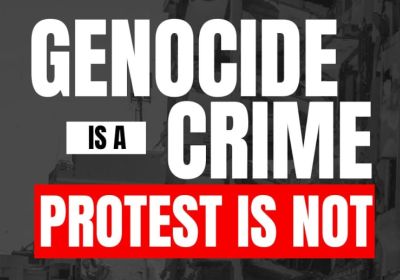 Artwork and graphic for event Genocide is a Crime – Protest is not, 1pm 22/02/2026 Hyde Park North, Elizabeth St, Sydney NSW 2000