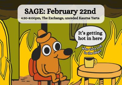 Artwork and graphic for event SAGE monthly gathering – It’s Getting Hot in Here, 4:30pm-8pm 22/02/2026 The Exchange, 53-57 Exchange Pl, Tarntanya (Adelaide) SA 5000
