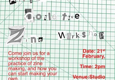 Artwork and graphic for event Zine making workshop and community gathering, 2pm 21/02/2026 Studio Take Care, 1 Pitt St, Brunswick VIC 3056
