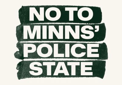 Artwork and graohic for event NO to Minns' Police State, 9am 26/02/2026 Supreme Court of New South Wales, Macquarie St, Sydney NSW 2000