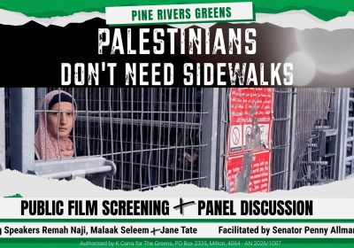 Artwork and graphic for event Film screening: Palestinians Don't Need Sidewalks, 3pm-6pm 21/02/2026 Everton Park Library, 573 S Pine Road everton Park QLD 4053 