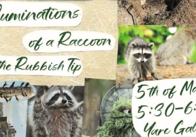 Artwork and graphic for event YARC Gallery Exhibition Opening: Ruminations of a Racoon in the Rubbish Tip, 5:30pm-6:30pm 05/03/2026 YARC Gallery, 1 Market Place, Hobart TAS 7000