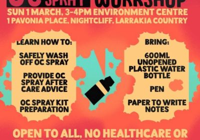 Artwork and graphic for event Pepper spray decontamination workshop, 3pm-4pm 01/03/2026 ECNT Nightcliff Space, 1 Pavonia Pl, Nightcliff NT 0810