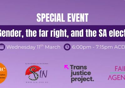 Artwork and graphic for event Online forum: Gender, the far right and the SA election, 6pm-7:15pm 11/03/2026 online