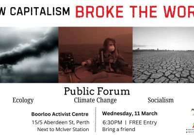 Graphic advertising the public forum "How Capitalism Broke the World"