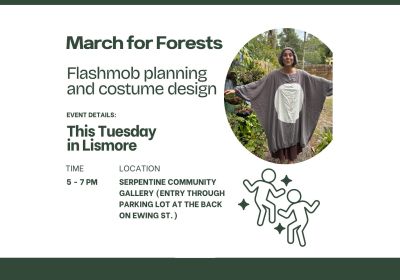 Artwork and graphic for event March for Forests Flashmob planning and costume design – Serpentine Community Gallery, 5pm-7pm 03/03/3036 Serpentine Community Gallery, 106 Conway St, Lismore NSW 2480