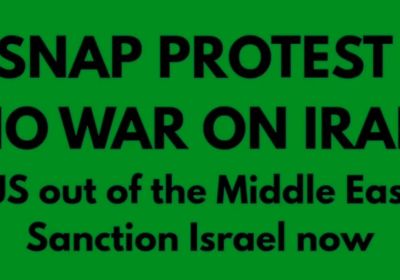 Artwork and graphic for event Snap protest: No War On Iran, 12pm 01/03/2026 State Library Victoria, 328 Swanston St, Melbourne VIC 3000
