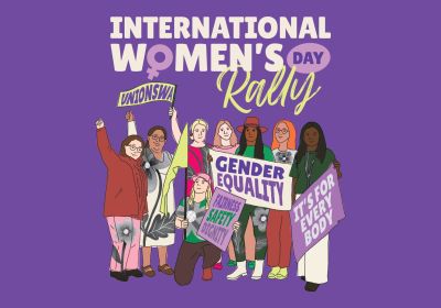 Artwork and graphic for event International Women's Day Rally – Boorloo, 5pm 06/03/2026 Solidarity Park,  corner Parliament Place and, Harvest Terrace, West Perth WA 6005
