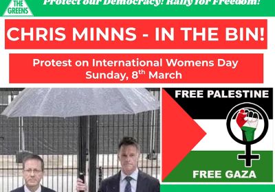 Artwork and graphic for event Chris Minns – In The Bin! Protest on International Women's Day, Chris Minns' office, 22-24 Regent St, Kogarah NSW 2217