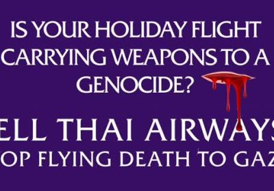Artwork and graphic that says Tell Thai Airways to stop flying death to Gaza