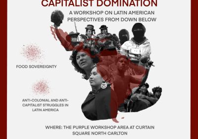 Artwork and graphic for event Defending Land from Capitalist Domination, a Degrowth Festival workshop, 3:15pm 22/03/2026, purple workshop area, Curtain Square, Rathdowne St, Carlton North VIC 3054