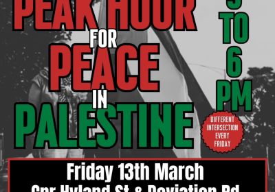 Artwork and graphic for event Peack Hour for Peace in Palestine, 5pm-6pm 13/03/2026 Hyland St and Deviation Rd, near the roundabout Fyansford VIC 3218