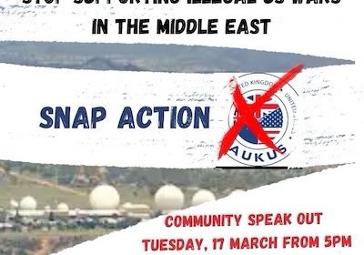 Flyer advertising speak-out against illegal US wars.