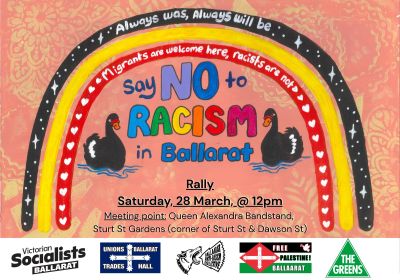 Artwork and graphic for event Say No to Racism in Ballarat rally, 11am 28/03/2026 Queen Alexandria Bandstand, Sturt St Gardens, 128 Sturt St, Ballarat Central VIC 3350