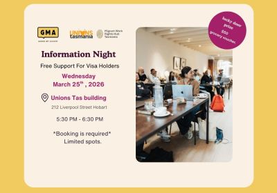 Artwork and graphic for event Your Rights at Work in Australia: Info Session & Quiz Night, 5:30pm-6:30pm 25/03/2026 Unions Tasmania, 212 Liverpool St, Hobart TAS 7000