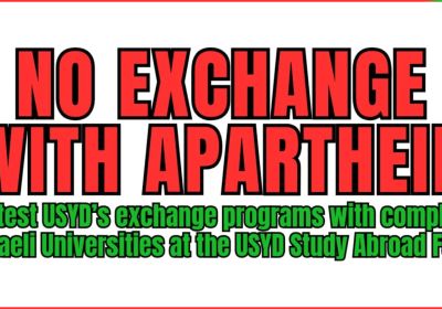 Artwork and graphic for event No Exchange With Apartheid, 1pm 26/03/2026 Quad Lawns, University of Sydney, Camperdown NSW 2050