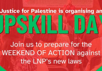 Artwork and graphic for event Justice for Palestine Magan-djin Upskill day, 10am-4pm 28/03/2026 Read Street Community Space, Woolloongabba QLD 4102