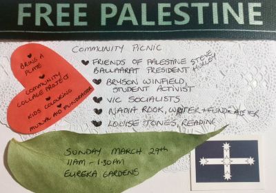 Artwork and graphic for event Free Palestine Community Picnic, 11am-1:30pm 29/03/2026 Eureka Stockade Gardens, 121 Stawell St S, Ballarat East VIC 3350
