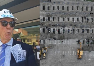 Side-by-side collage of protestor dressed as Santos CEO and graves of Iranian schoolchildren murdered by United States in attack on Iran