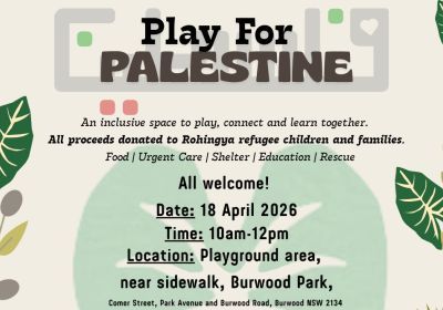 Artwork and graphic for event Play For Palestine, 10am-12pm 18/04/2026 Burwood Park, Burwood NSW 2134