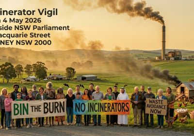 Artwork and graphic for event Bin the Burn – No Incinerators, 9am 04/05/2026 NSW Parliament House, 6 Macquarie St, Sydney NSW 2000