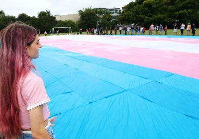 A giant 20x40m trans flag was unveiled in Magan-djin/Brisbane for the Trans Day of Visibility