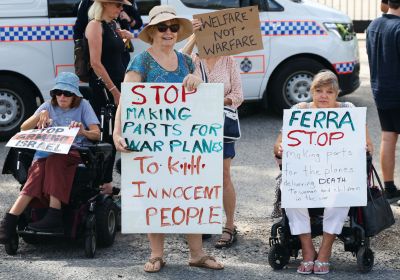 Activists said 'weapons out' at Ferra Engineering protest in Magan-djin/Brisbane, March 30