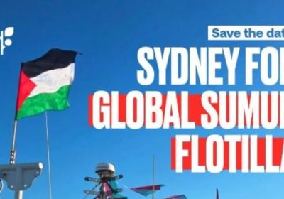 Artwork and graphic for event Sydney for Global Sumud Flotilla, 6pm-8pm 23/04/20206, NSW Teachers Federation Conference Centre, 37 Reservoir St, Surry Hills NSW 2010