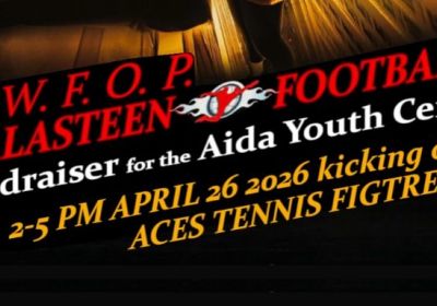 Artwork and graphic for event WFOP Falasteen Football Fundraiser, 2pm-5pm 26/04/2026 Aces Tennis Figtree,  5/7 O'Briens Rd, Figtree NSW 2525
